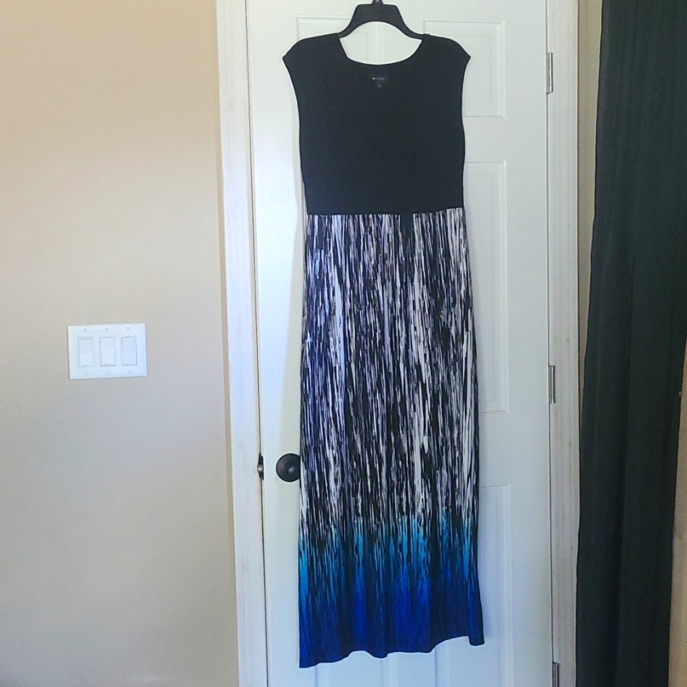 AB Studio Flowy, Silky Maxi Dress, Black, Blue, Teal, and White, Size Large